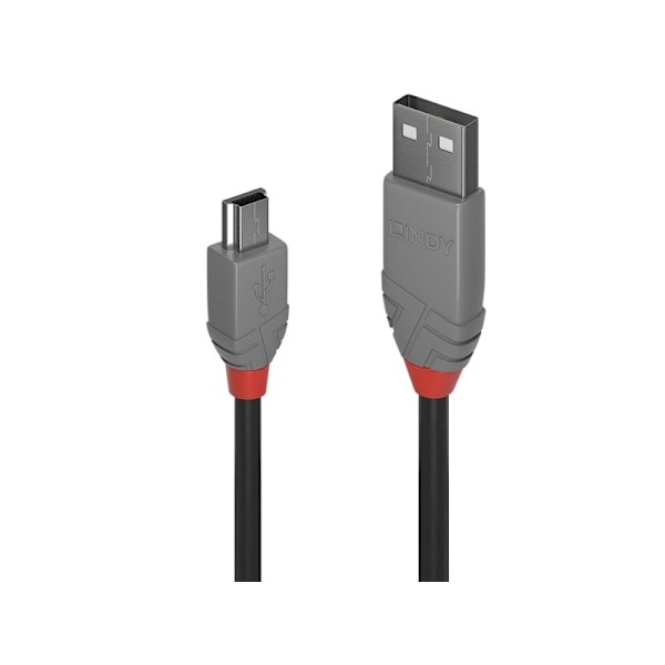 Lindy 36723, 2 m, USB A, Mini-USB B, USB 2.0, 0,48 Gbit/s, musta, harmaa