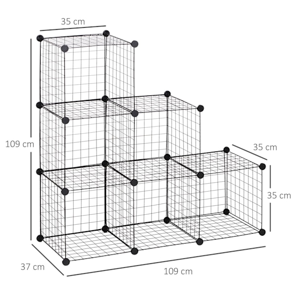 Plug-in hylly, hyllyjärjestelmä 6 lokerolla, DIY-kuutiohylly metalliverkosta, porrashylly olohuoneeseen, makuuhuoneeseen, musta, 109 x 37 x 109 cm
