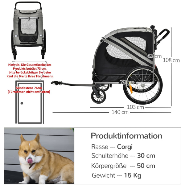 Hundsläp & Hundvagn 2-I-1 Hundcykelvagn Med Reflektorer, För Medelstora Hundar Upp Till 20 Kg, Oxford-Tyg, Grå