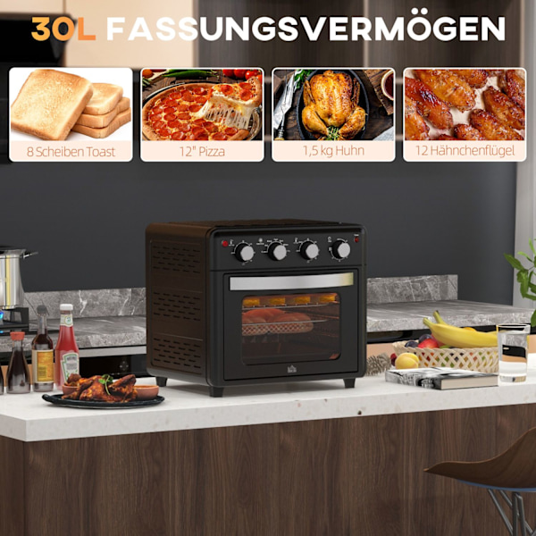 Miniugn med cirkulationsluft, 90°C-230°C, 30L, miniugn med bakplåt, grillgaller, smulplåt, varmluftsfritös med 7 lägen, frityrkorg