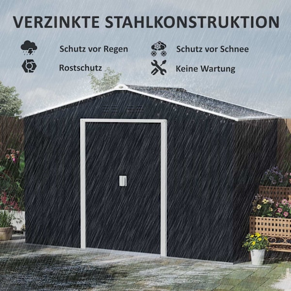 Galvanoitu teräs työkaluvaja 4,9m² 277x195x192cm työkaluvaja harjakatolla, perustus, lukittava liukuovi, säänkestävä puutarhavaja, ulkopuutarhavaja ta