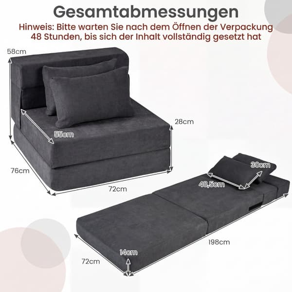 Konvertibel 3-i-1 Chenille bäddsoffa med 2 kuddar, grå