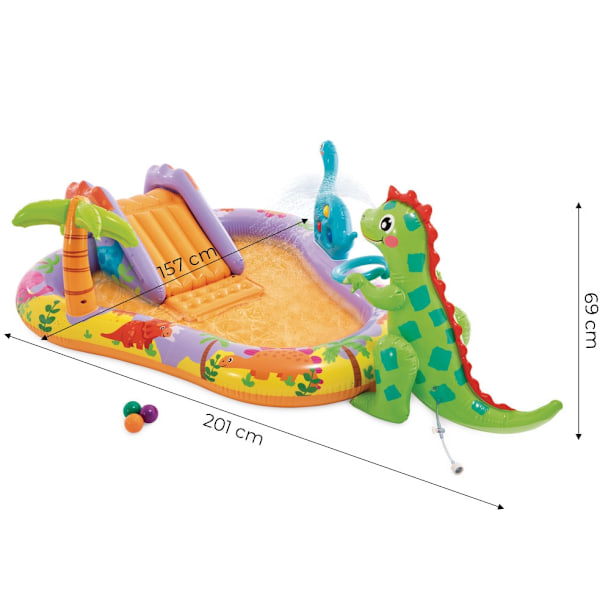 Oppustelig pool til børn vandlegeplads 201x157x69 cm dias springvand dinosaur INTEX 56139