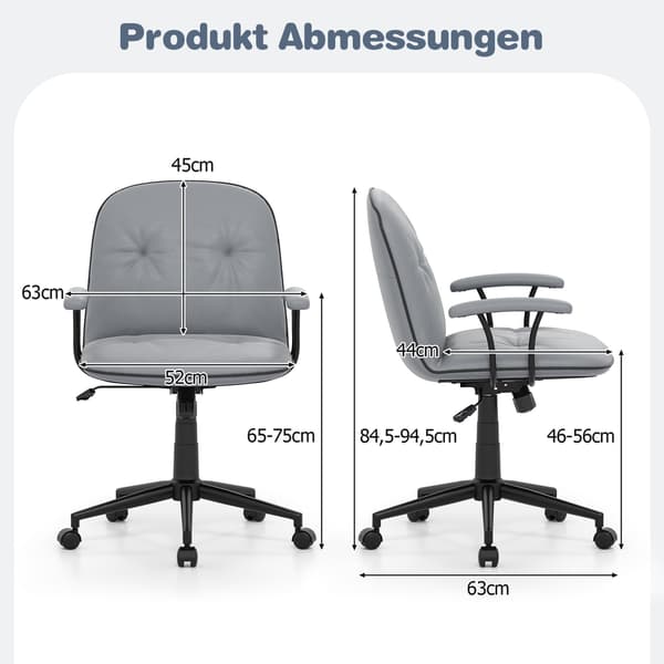 Ergonomisk kontorsstol, konstläder, vadderade armstöd, grå