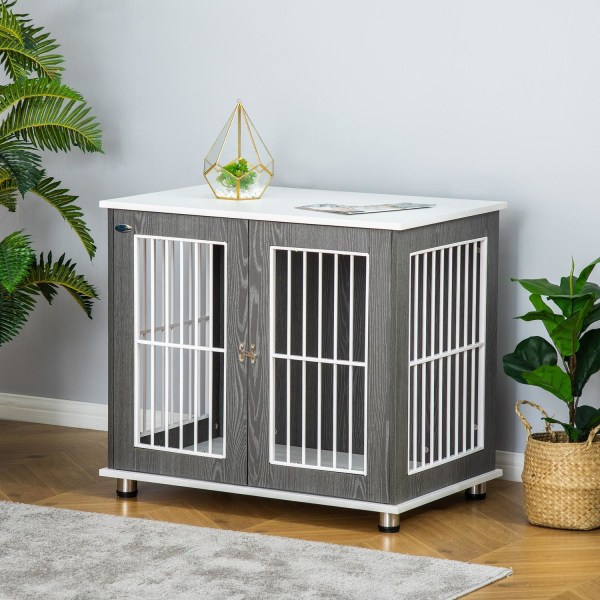 Hundekennel Transportkasse I Træ Med Bordplade Og Pude, Bur Til Små Dyr, Sidebord, Grå+Hvid, 85X55X75Cm