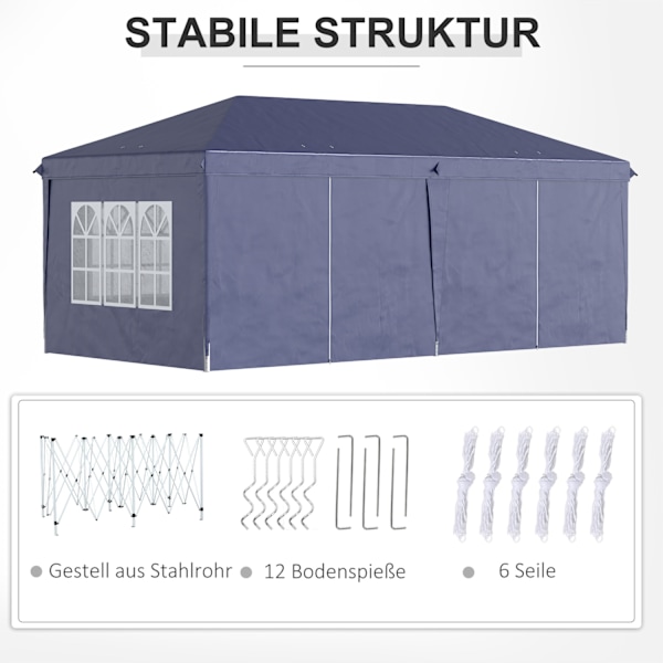 Hopfällbar paviljong 5,85x2,95m med UV-skydd, sidoväggar & fönster, dragkedjedörrar, robust stål, blå för trädgård & evenemang