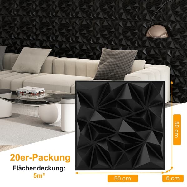 3D-vægpaneler, diamantmønster, sort, 5m² dækning