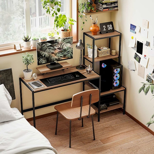 Pöytätietokonepöytä näyttötelineellä, prosessoriteline, toimistopöytä tulostinhyllyllä, PC-pöytä 4 hyllyllä, moderni muotoilu kotitoimistoon, 150 x 48