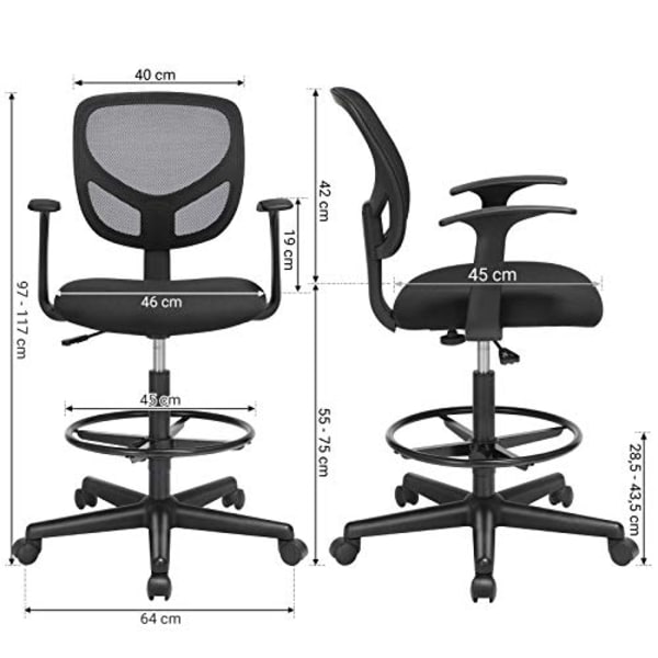 Ergonomisk justerbar kontorstol med fodstøtte, sort mesh
