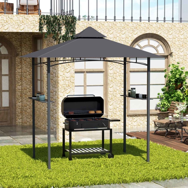 Barbecue Gazebo Vankka Puutarhateltta Palosuojatulla Kaksinkertaisella Katolla, Ihanteellinen Parvekkeelle, Harmaa, 245X148X252Cm