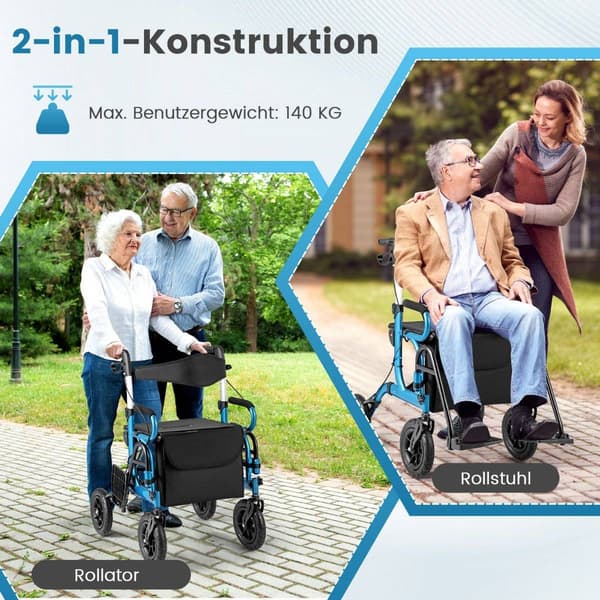 2-i-1 rollator og kørestol, luftdæk, foldbare