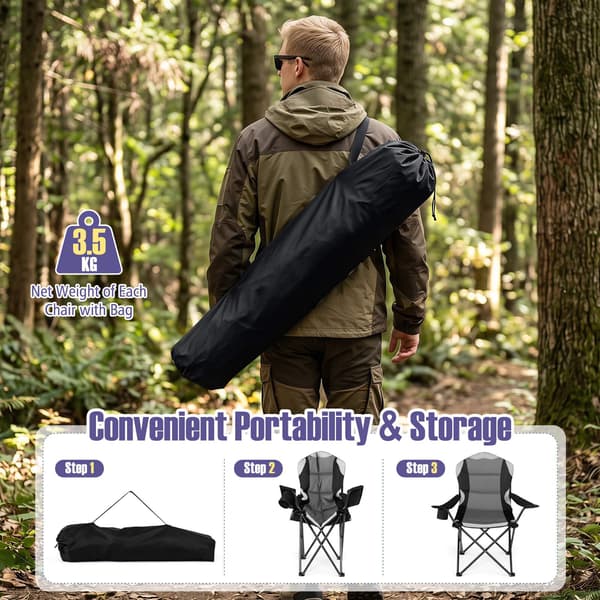 Hopfällbara campingstolar med mugghållare, svarta – 2-pack