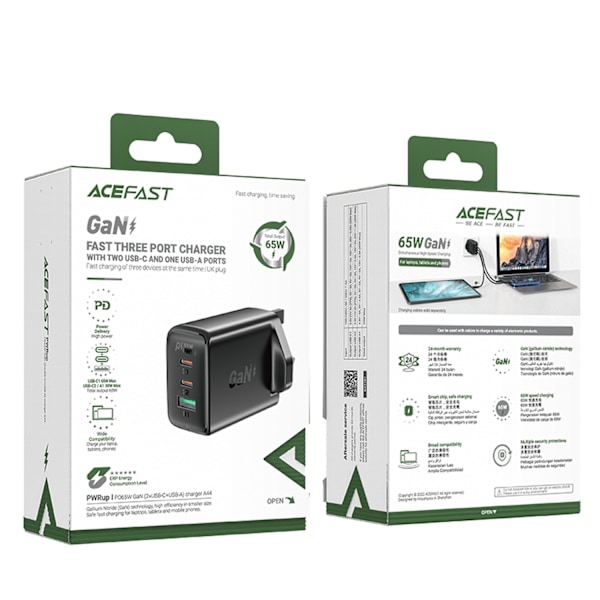 Nätladdare Engelsk kontakt UK GaN 65W 1x USB 2x USB-C PD svart