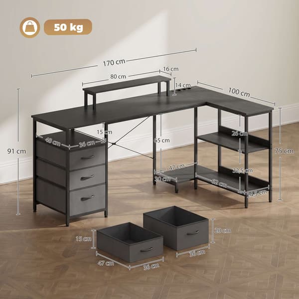 Vendbart L-formet skrivebord med skuffer, sort, 170 cm