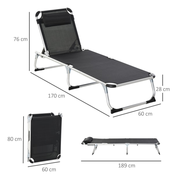 Liggestol Haveseng Liggestol Af Aluminium Stof Afslapningsstol 5-Vejs Justerbar Foldbar Ergonomisk Mesh Sort 170 X 60 X 76 Cm