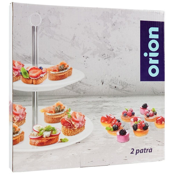 To-lags småkagefad i hvidt porcelæn og rustfrit stål