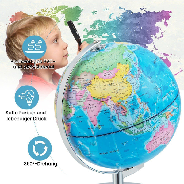 Ø 23 cm upplyst glob med metallbas & ljus & engelsk geografisk karta & stjärnbildskarta