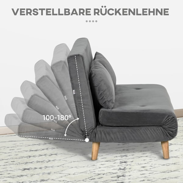 Sovesofa 2-Personers Sofa Med Sengefunktion, Klapsofa Med Justerbart Ryglæn, Hynder, Sovesofa Med Fløjlslook, Grå, 130 X 78 X 79Cm