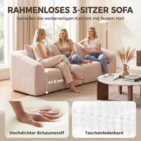 3-sits chenillesoffa, beige, extra bred sits, kuddar