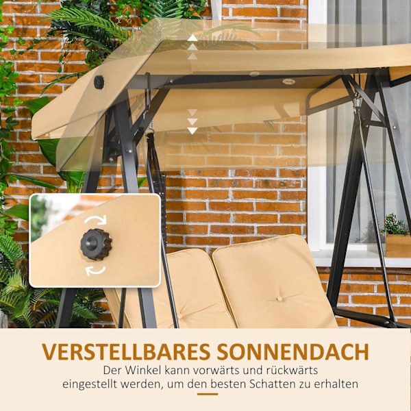 Outsuuny Hollywood keinu 3-paikkainen puutarhakeinu säädettävällä aurinkokatolla, keinupenkkipaino jopa 220kg, puutarhatuoli puutarhaan, terassille, 1