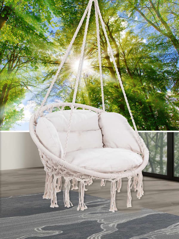 Krämfärgad boho hängstol med kuddar, inomhus/utomhus