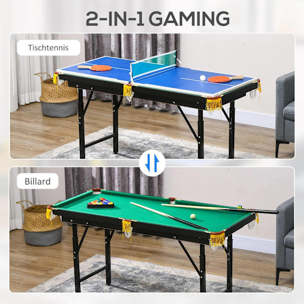 Multigame Spelbord 2-I-1 Multifunktionell Bordtennis Biljard Tillbehör Barn Tonåringar Vuxna Stål 140X63X60-80Cm Grön