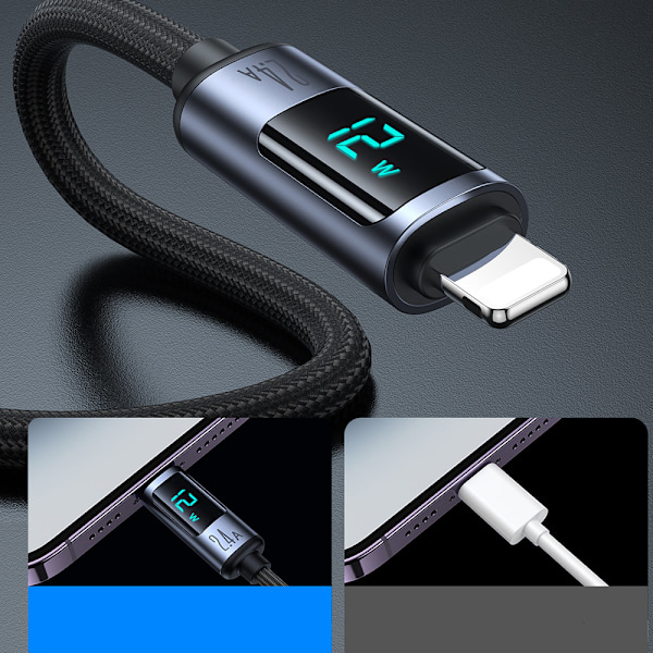 Kaapeli iPhonelle LED Lightning -näytöllä - USB-A 2.4A 1.2m musta