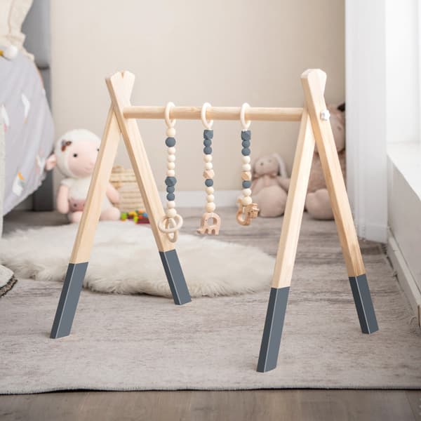 Babyaktivitetsgym, foldbart trælegetøj med 3 legetøj