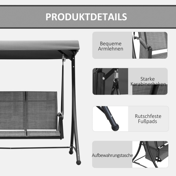 3-Personers Verandagynge, Havegynge Med Solsejl, Gyngebænk Med Hylde, Aluminium, Grå, 196 X 128 X 172 Cm