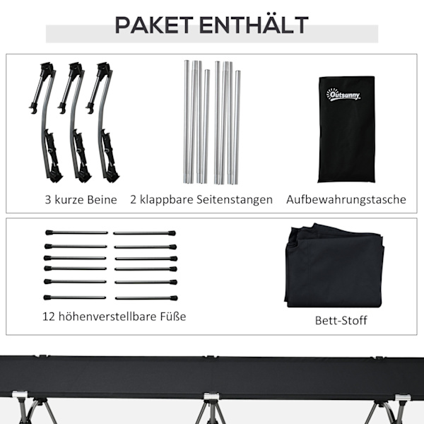 Campingseng, Foldbar Feltseng I Aluminium Med Bæretaske, Højdejusterbar, Sort, 190X65X38Cm, Op Til 150 Kg