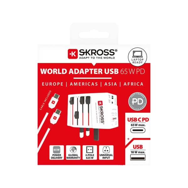 Rejseadapter med dobbelt USB-oplader, 65W strømforsyning
