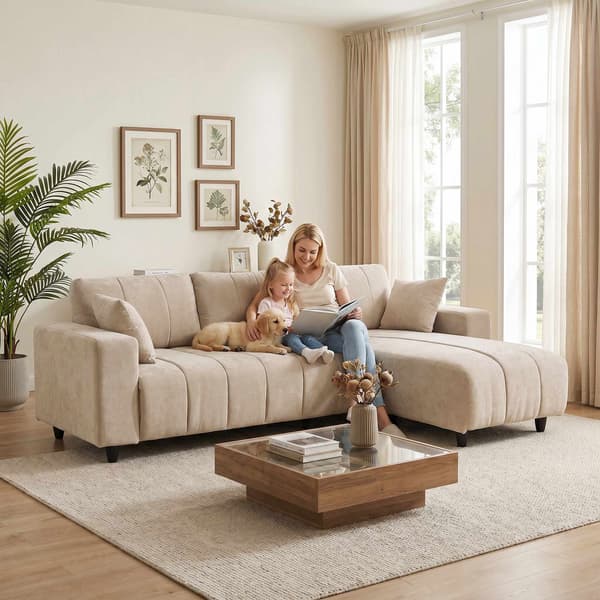 L-formad beige soffa med vändbar schäslong, 4-sits