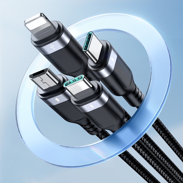 4in1-kaapeli USB-A - 2x USB-C iPhone Lightning microUSB 1,2m musta