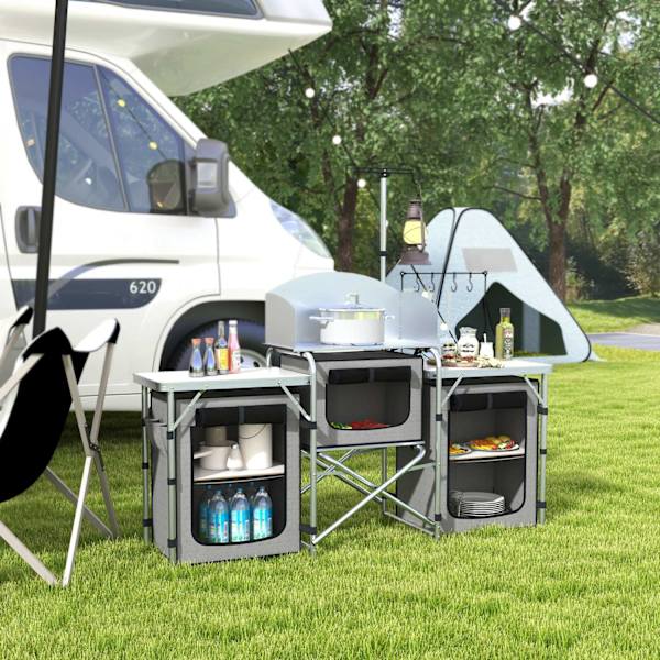 Camping Kitchen Kokoontaitettava Keittiö Tuulensuoja 3 Kaappia 3 Työtasoa Säädettävä Valoteline Camping Garden Alumiini Oxford Harmaa