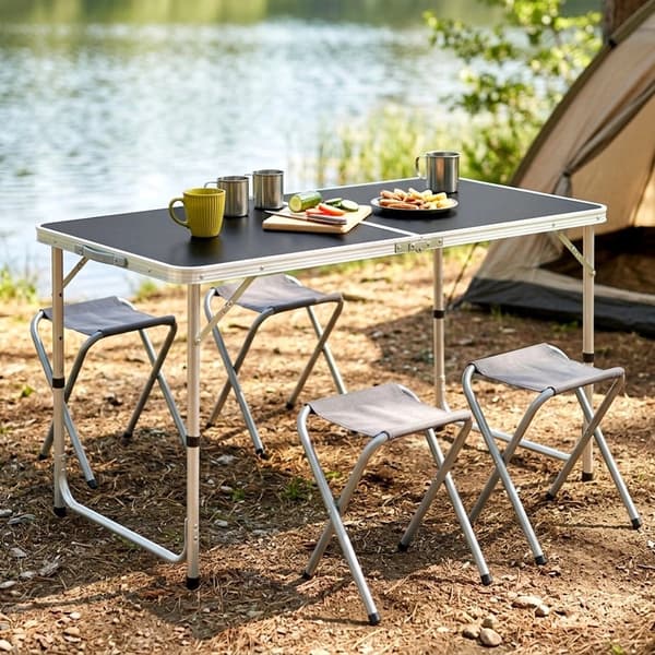 Hopfällbart campingbord med justerbar höjd och stolar