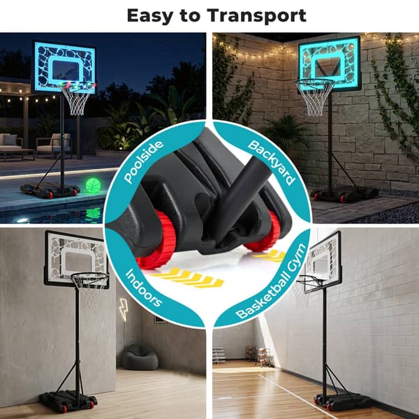 Poolbasketballkurv med LED-lys, justerbar kant, sort