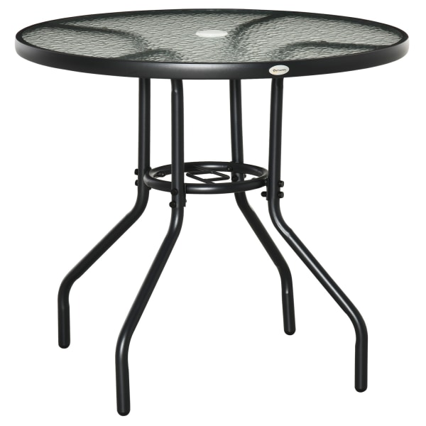 Havebord Havesidebord Havemøbler Altanbord Bistrobord Med Paraplyhul Hærdet Glas + Metal Sort Ø80 X 72 Cm