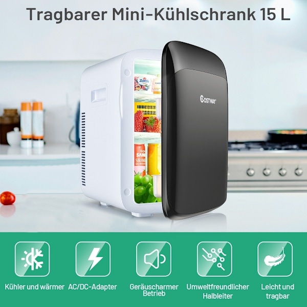 15 L minijääkaappi 2 in 1 Jäähdytys- ja lämmitystoiminto Kannettava pakastin 27 x 33 x 38 cm Valkoinen + musta Energialuokka E