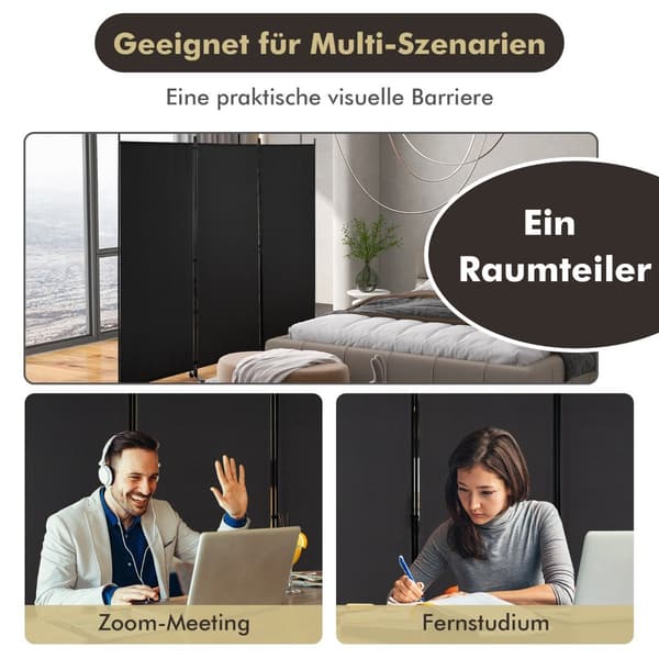 Mobil rumdeler med hjul, 3 paneler, 180 cm, sort