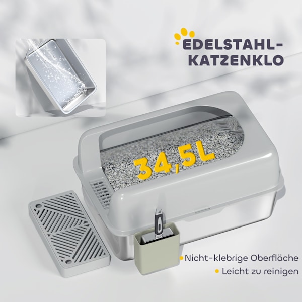 Kattsandlåda med lock, kattsandlåda med skopa, badkar i rostfritt stål, katttoaletthus med förvaringslåda för katter under 4,5 kg, inomhus, ljusgrå Ao