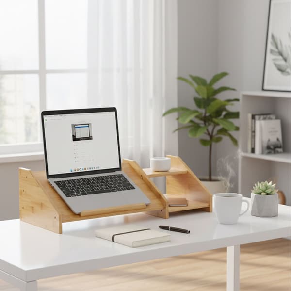 Bambu laptopstativ med sidohyllor för skrivbord