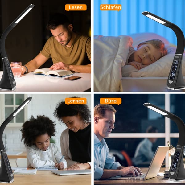 LED skrivebordslampe sort, multifunktionel med ur og kalender