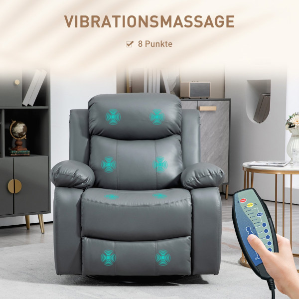 Relaxstol, Massagefunktion, Elektrisk Tv-Stol, 8 Vibrationshuvuden, Vippfunktion, Vridbar, Fjärrkontroll, Sidoficka, Konstläder, Grå