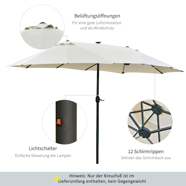 Sateenvarjo Led-Kaksoisvarjolla 440 X 260 Cm Puutarhasateenvarjo Market Sateenvarjo Suuri Patiosateenvarjo Käsikammalla Soikea Metallinen Kermanvalkoi