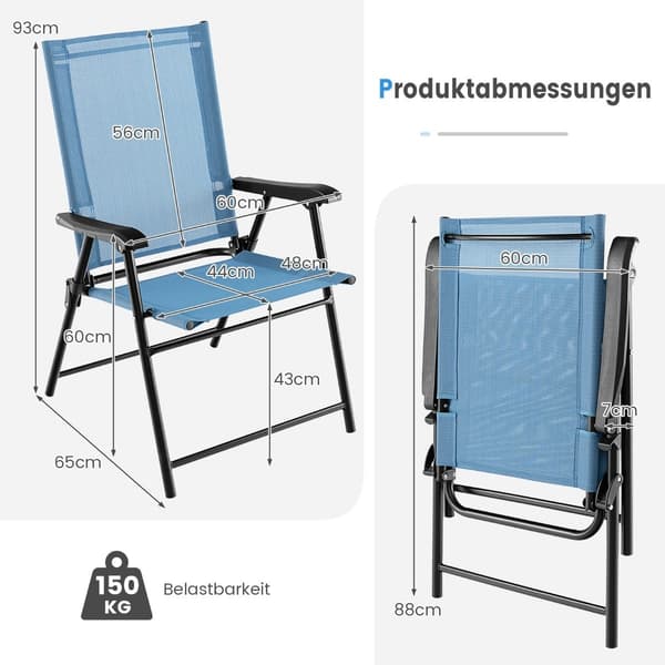 Udendørs klapstole sæt med 2, blå, 65x60x93 cm