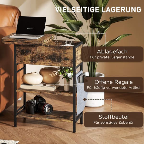 Sidebord med strømstik, USB-porte, 2-lags opbevaring, rustik brun