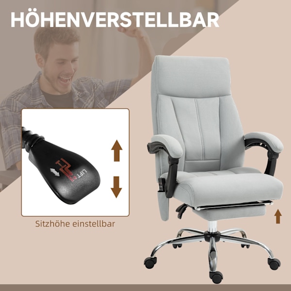 Massagekontorstol med lænefunktion, ergonomisk skrivebordsstol, højdejusterbar, direktionsstol med fodstøtte, lysegrå
