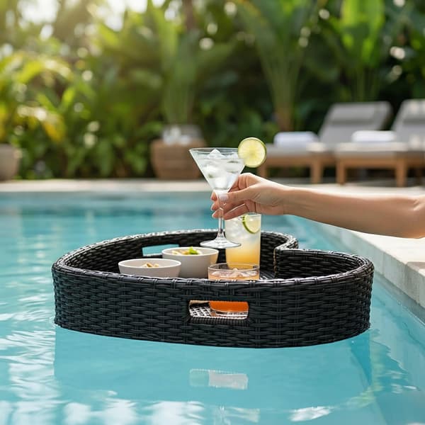 Hjerteformet flydende poolbakke, sort rattan, 60 cm