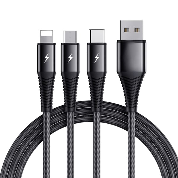 3-i-1 Cable Lightning, USB-C, Micro-USB, 3A, 1,2m - Svart