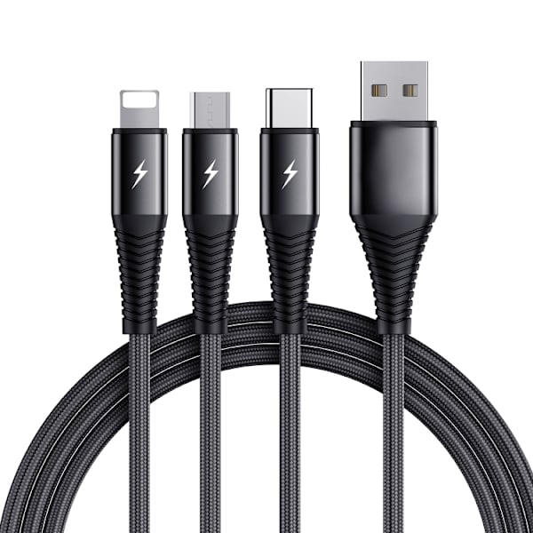 3-in-1 Cable Lightning, USB-C, Micro-USB, 3A, 1,2 m - musta